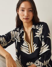 Pamela Linen Blend Leaf Print Top, Black (BLACK), large