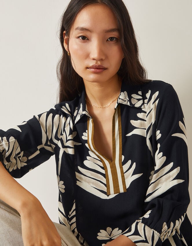 Pamela Linen Blend Leaf Print Top, Black (BLACK), large