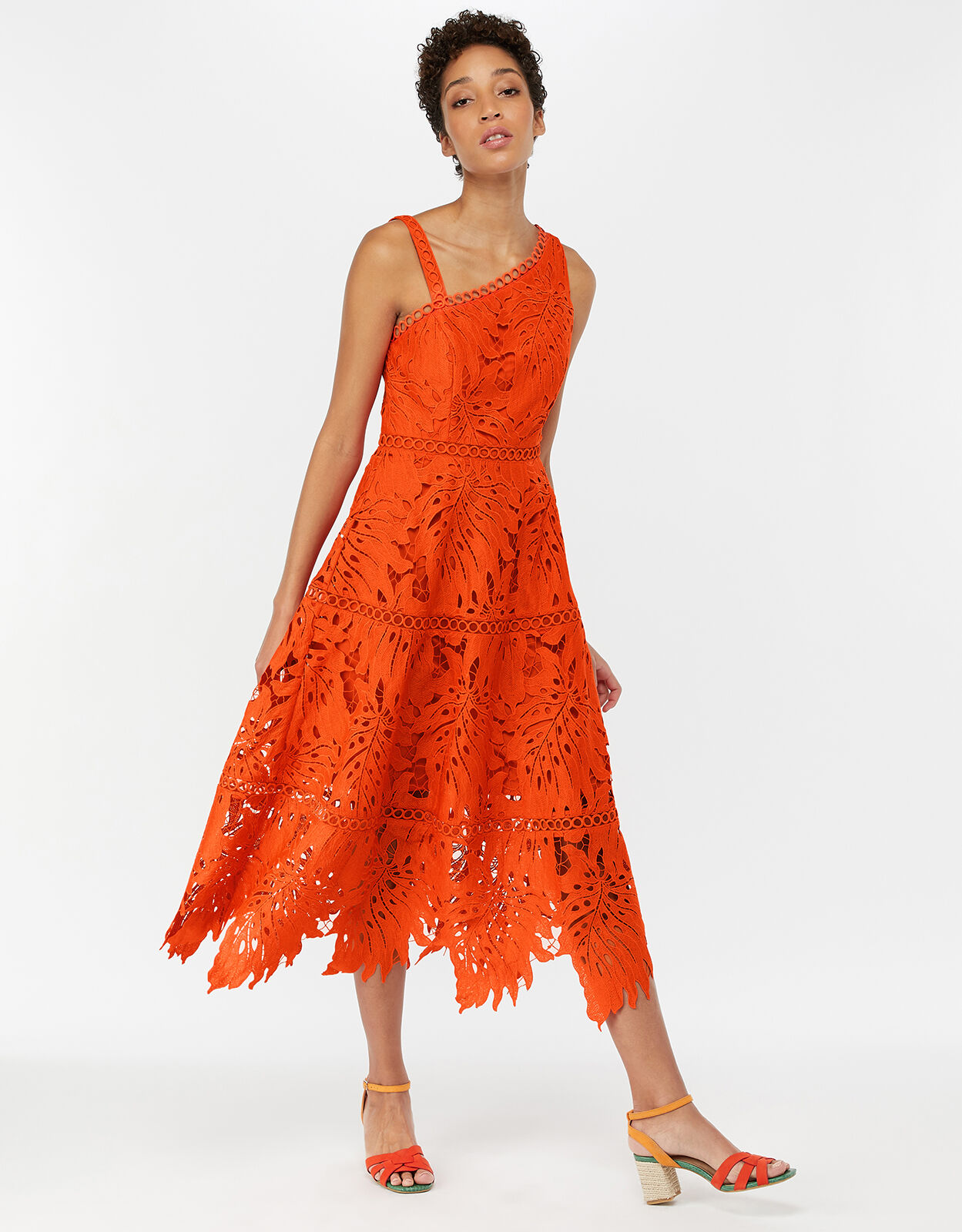 Monsoon Maria Palm Lace Midi Dress Orange