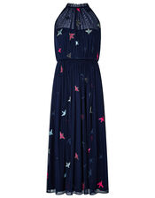 Marigold Embroidered Swallow Midi Dress, Blue (NAVY), large