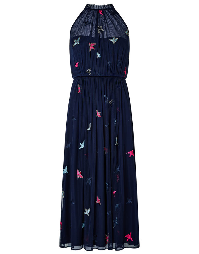 Marigold Embroidered Swallow Midi Dress, Blue (NAVY), large