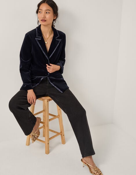 Mila Single Breasted Velvet Blazer, Blue (MIDNIGHT), large