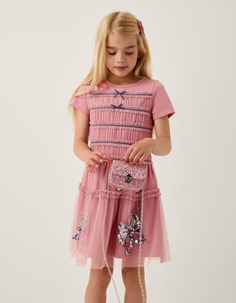 Sequin Butterfly Jersey Mesh Dress, Pink (PINK), large