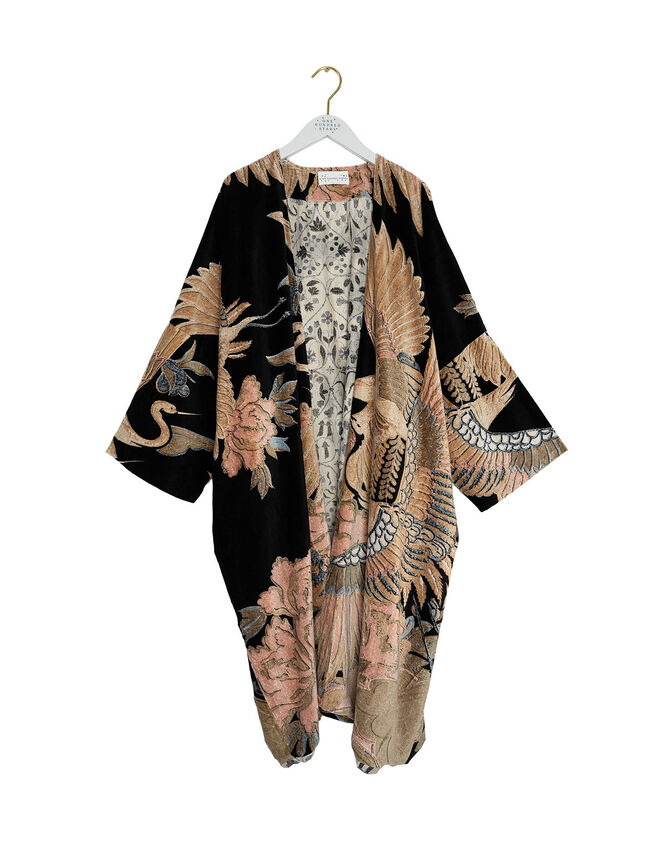 One Hundred Stars Crane Print Velvet Kimono, , large