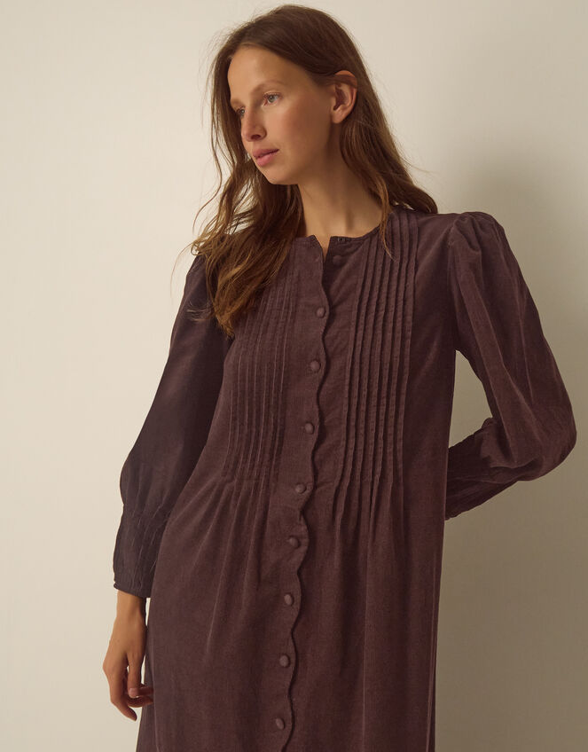 Cosima Long Sleeve Scallop Corduroy Midi Dress, Brown (CHOCOLATE), large