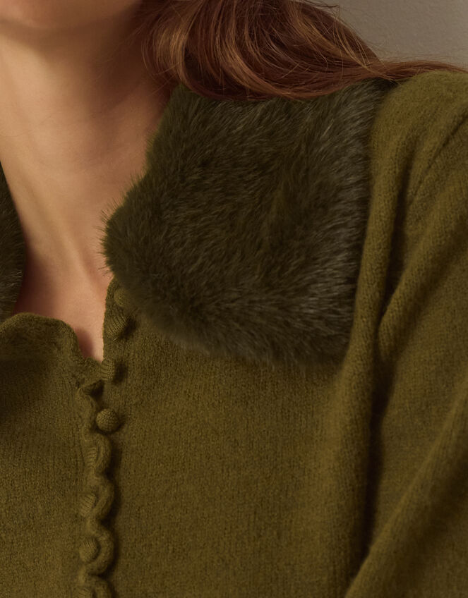 Flo Faux Fur Collar Cardigan, Green (KHAKI), large