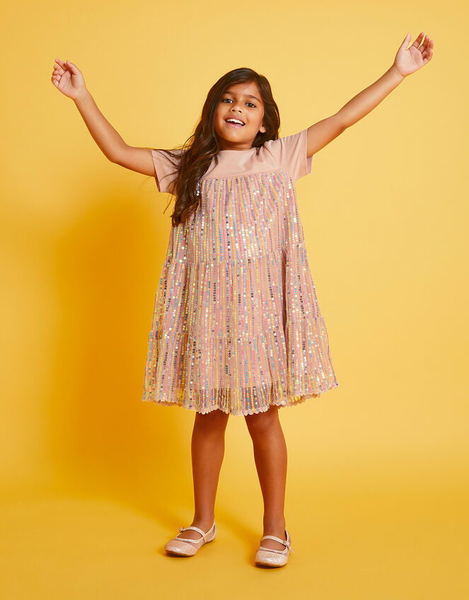 Jersey Sequin Tiered Dress, Pink (PALE PINK), large