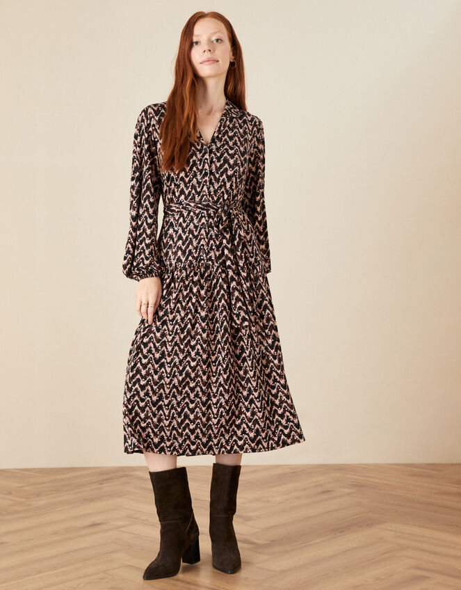 Collared Jersey Shirt Dress, Black (BLACK), large