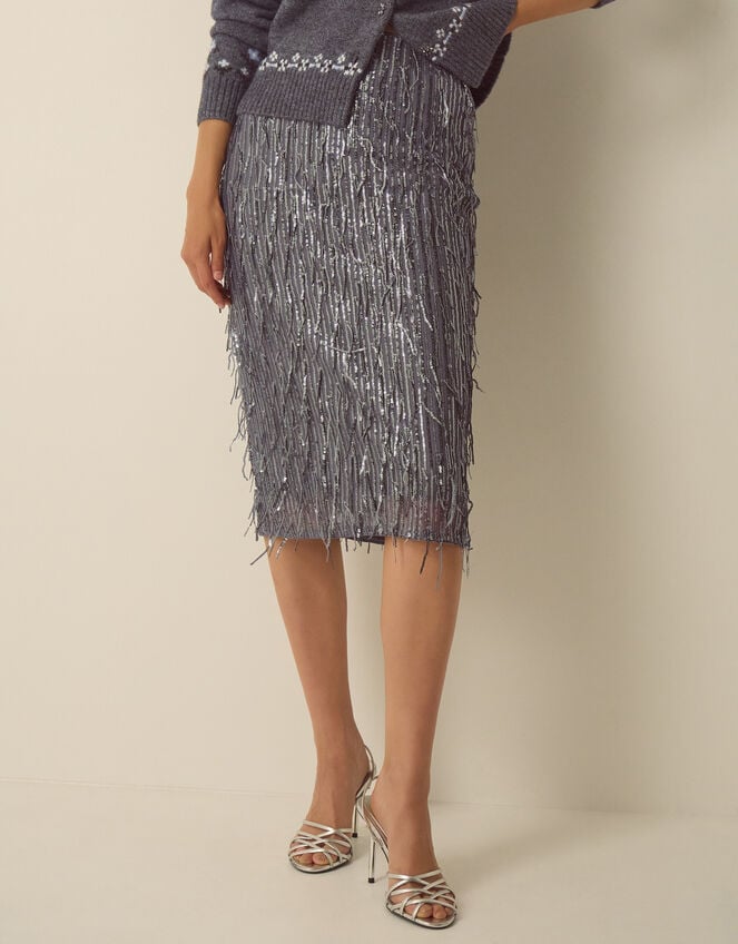 Samie Sequin Fringe Pencil Skirt, Dark Silver (GUNMETAL), large