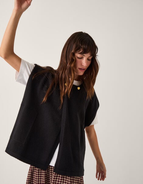 Double Breasted Knit Poncho Vest, Black (BLACK), large