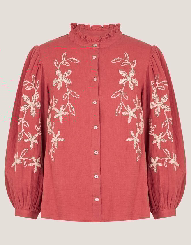Bridget Embroidered Cotton Blouse, Red (BURGUNDY), large
