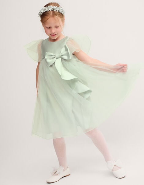 Winnie Satin Bow Party Dress, Green (SAGE), large