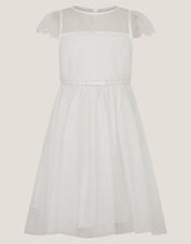 Gracia Embroidered Yoke Tulle Dress, Ivory (IVORY), large