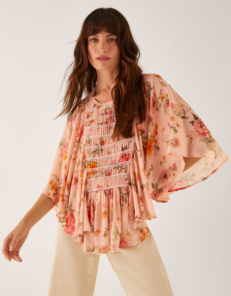 Cassia Shirred Floral Print Blouse, Nude (NUDE), large