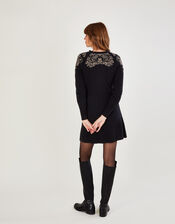 Frill Neck Metallic Print Dress with Sustainable Cotton, Black (BLACK), large