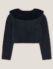 Detachable Collar Fuzzy Cardigan, Blue (NAVY), large