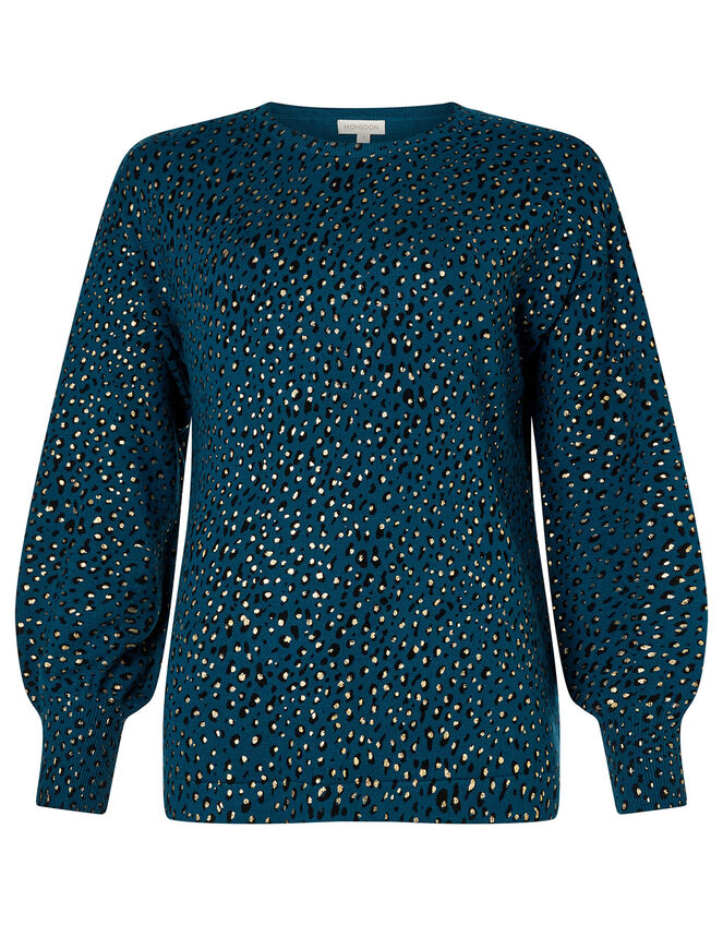 Foil Animal Print Jumper with Sustainable Viscose, Teal (TEAL), large