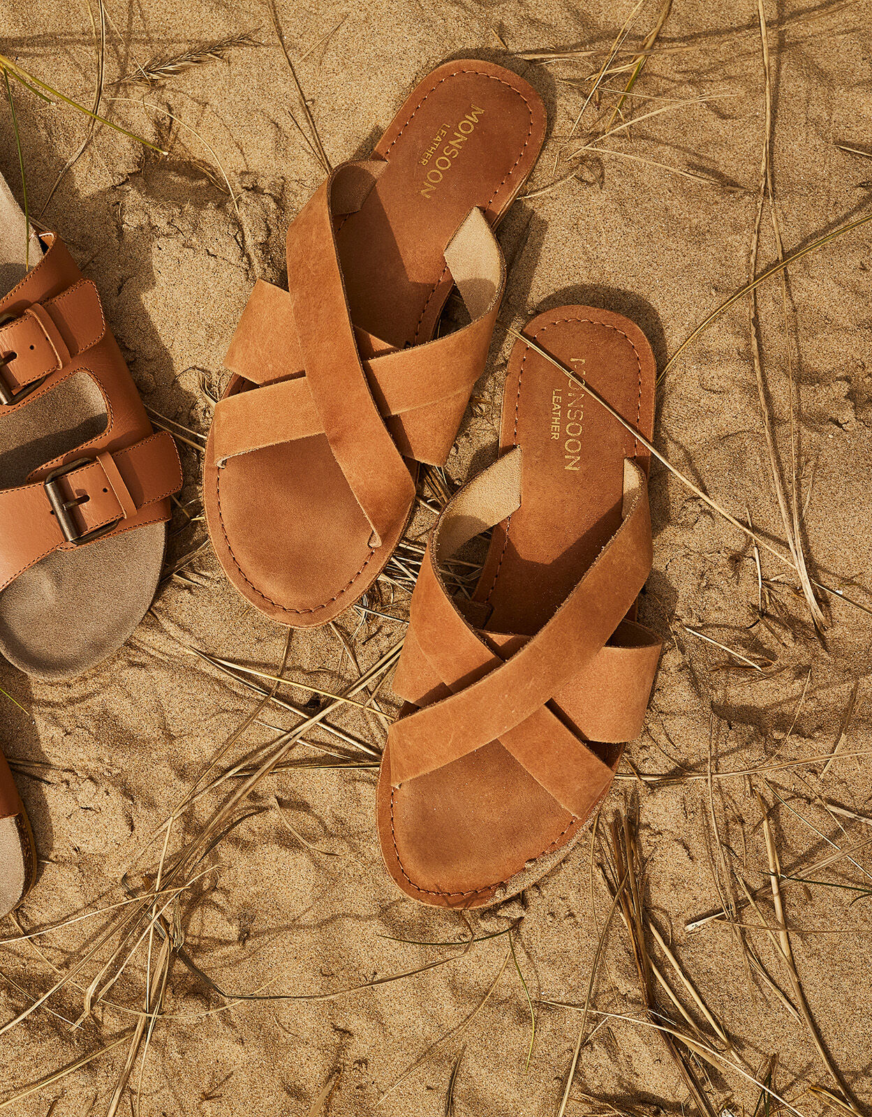 Tan leather sliders hot sale