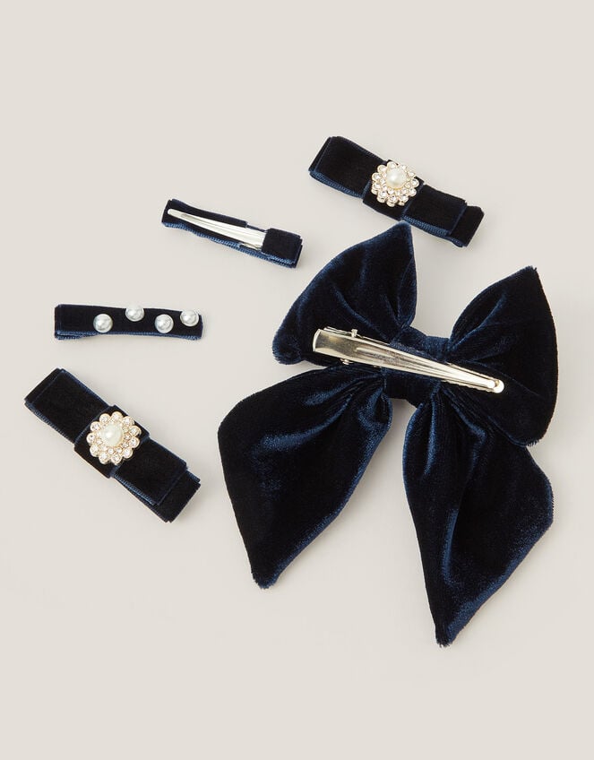 5-Pack Embellished Velvet Bow Hair Clips, Blue (NAVY), large