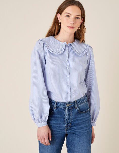 Frill Collar Stripe Poplin Shirt Blue, Blue (BLUE), large