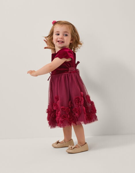 Baby Estella Velvet Appliqué Party Dress, Red (BURGUNDY), large