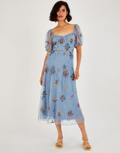 Cressida Embroidered Midi Dress in Recycled Polyester, Blue (BLUE), large