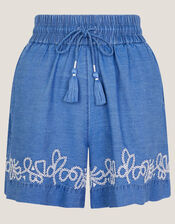 Isolde Embroidered Chambray Shorts, Blue (DENIM BLUE), large