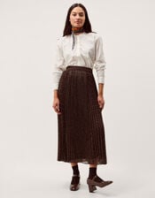 Demi Polka Dot Pleated Midi Skirt, Brown (CHOCOLATE), large