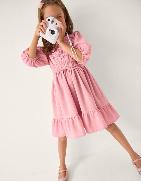 Crochet Yoke Tiered Dress, Pink (PINK), large