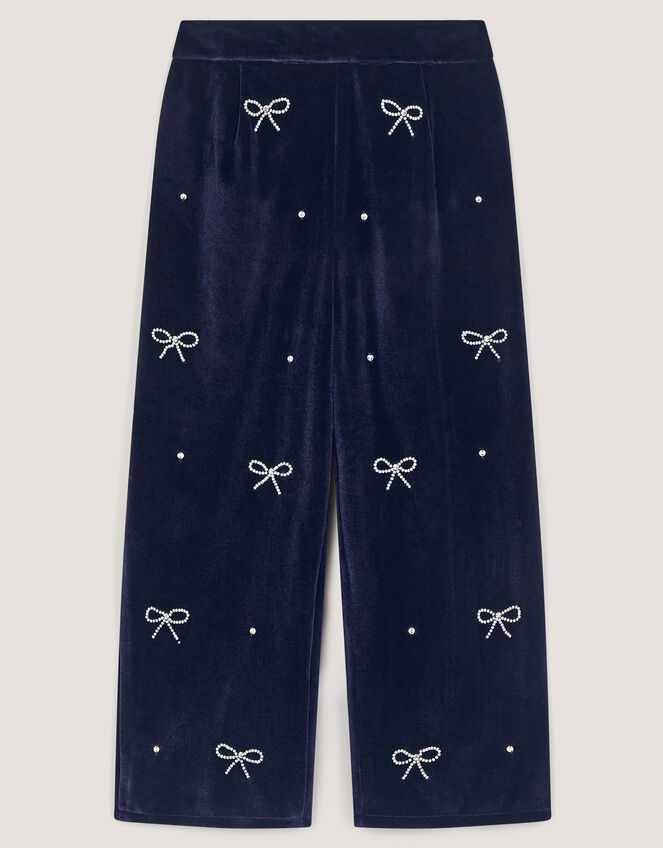 Bow Embellished Velour Trousers, Blue (NAVY), large