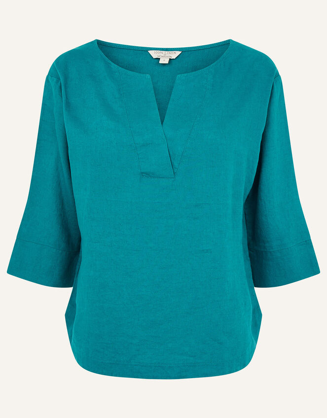 Daisy Plain T-Shirt in Pure Linen, Teal (TEAL), large