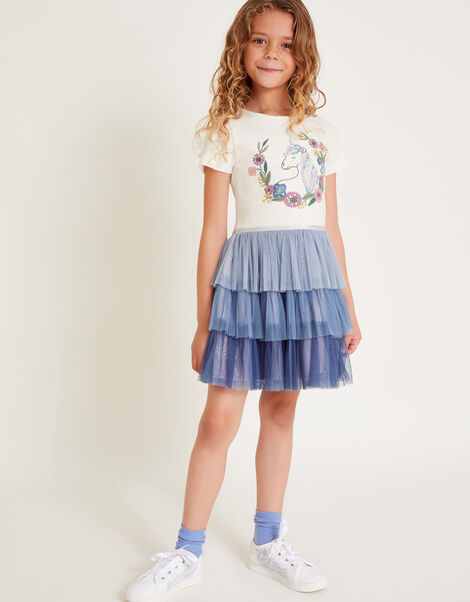 Short Sleeve Unicorn Disco Dress, Blue (BLUE), large