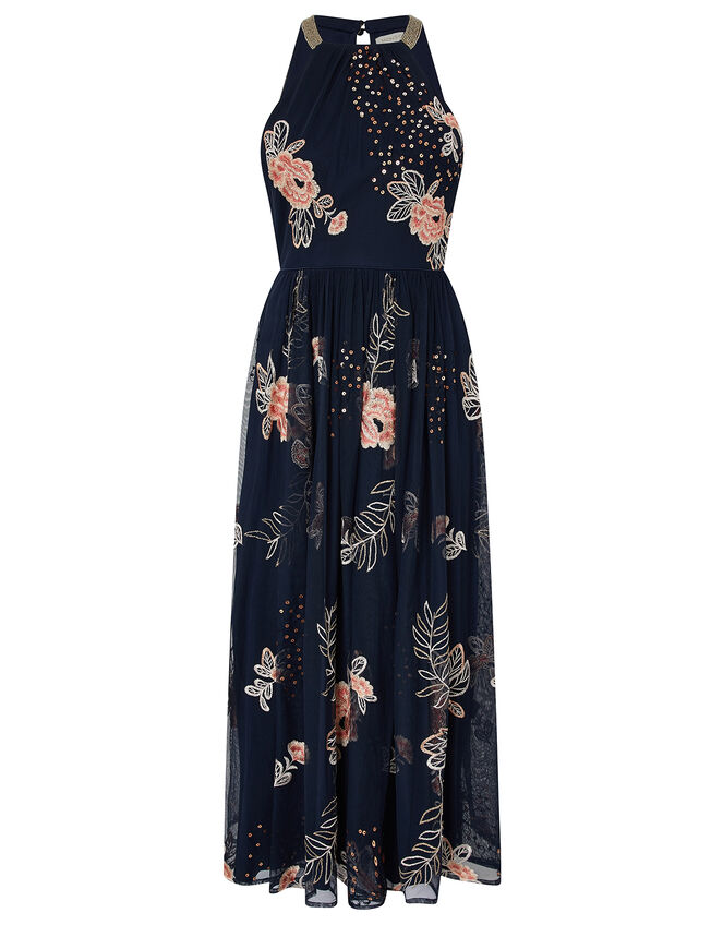 Ellen Floral Embroidery Midi Dress in Recycled Fabric, Blue (NAVY), large