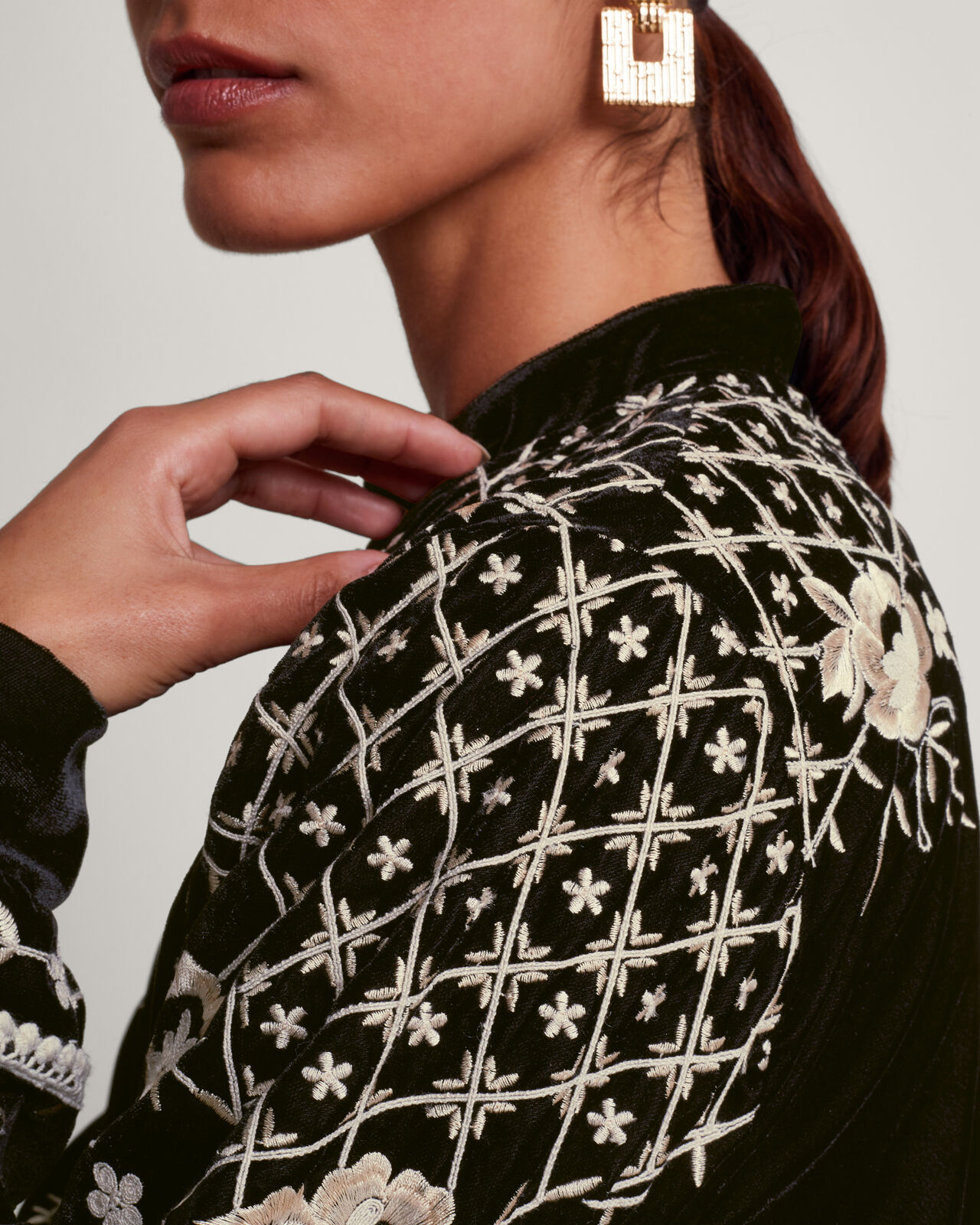 Hadley Embroidered Velvet Bomber Jacket Black