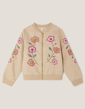 Embroidered Suedette Bomber Jacket, Camel (BEIGE), large