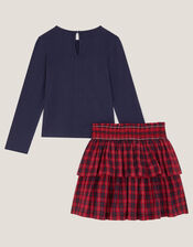 Bow Embellished Top & Tartan Skirt Set, Red (RED), large