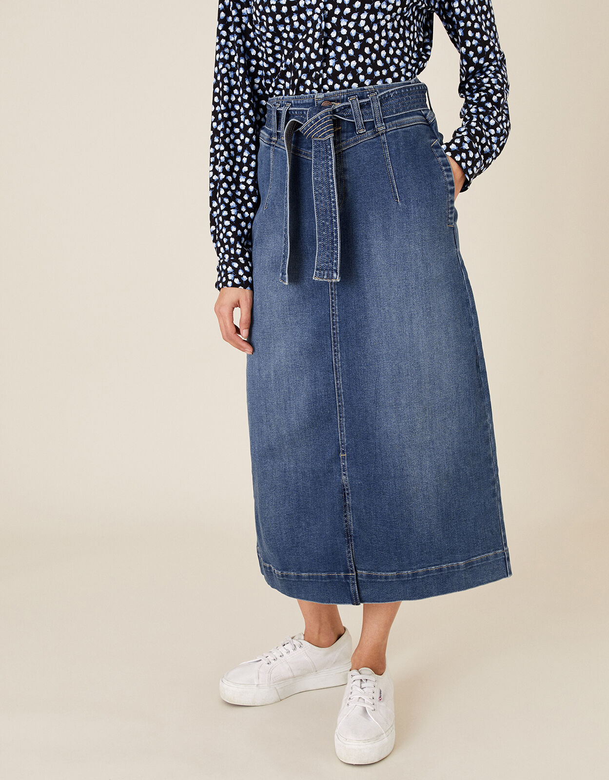 Straight Denim Midi Skirt Blue