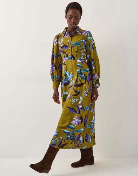 Sonya Floral Print Midi Dress, Green (KHAKI), large