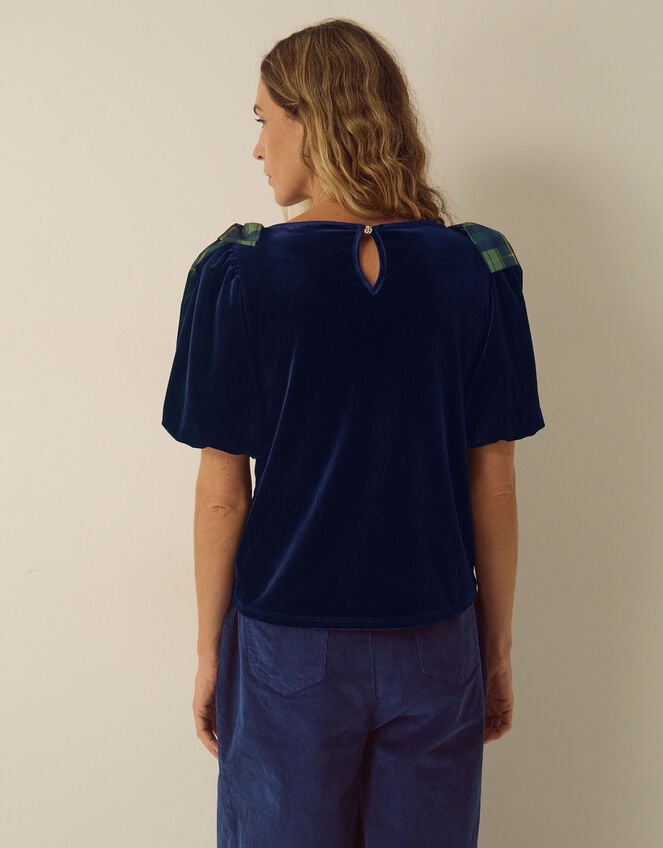 Vittoria Short Sleeve Tartan Bow Velvet Top, Blue (MIDNIGHT), large