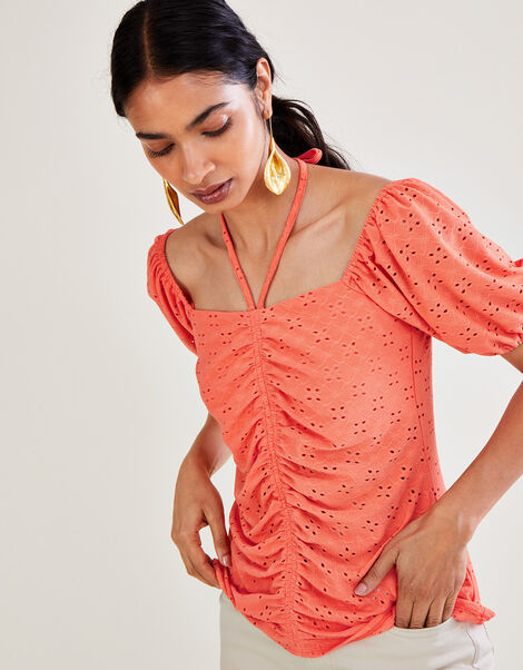 Broderie Ruched Jersey Top, Orange (ORANGE), large