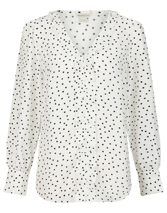 Spot Print Ruffle Trim Blouse, Ivory (IVORY), large