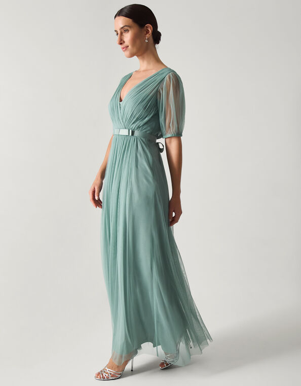 Ellie Sheer Sleeve Plunge Tulle Maxi Dress, Green (SAGE), large