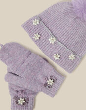 Pearl Flower Bobble Hat & Gloves Set, Purple (LILAC), large
