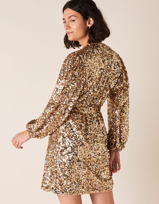 Jennifer Sequin Stretch Wrap Dress, Gold (GOLD), large