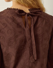 Sabine Floral Embroidered Top, Brown (BROWN), large