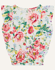 Floral Top in Linen Blend, Blue (BLUE), large