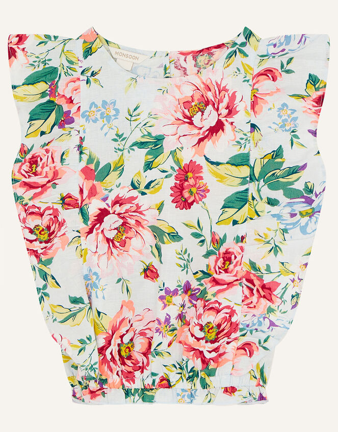 Floral Top in Linen Blend, Blue (BLUE), large