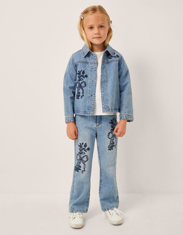 Bow Embroidered Denim Jacket, Blue (BLUE), large
