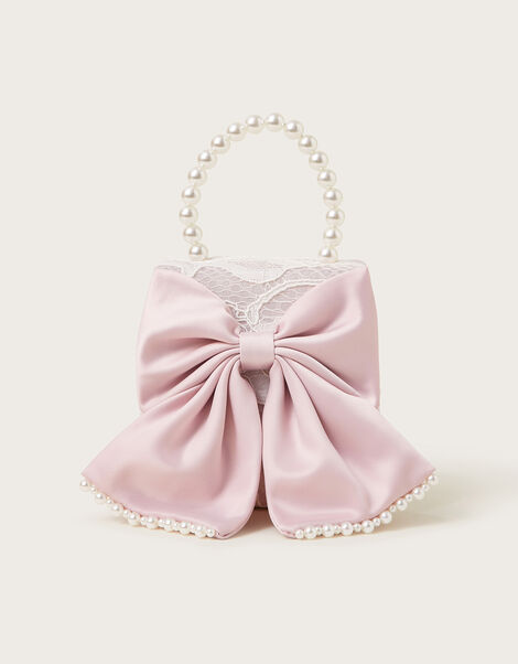 Pearly Bow Bridesmaid Lace Bag, Pink (DUSKY PINK), large
