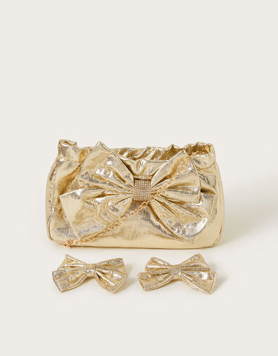 Metallic Bow Bag and Hair Clip Set, , large